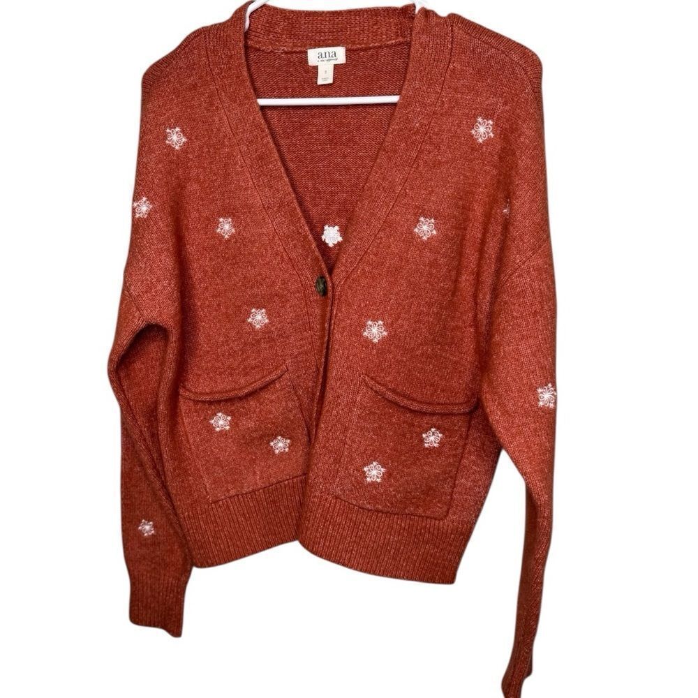 a.n.a A New Approach Rust Orange Cardigan Sweater Embroidered Snowflakes Small